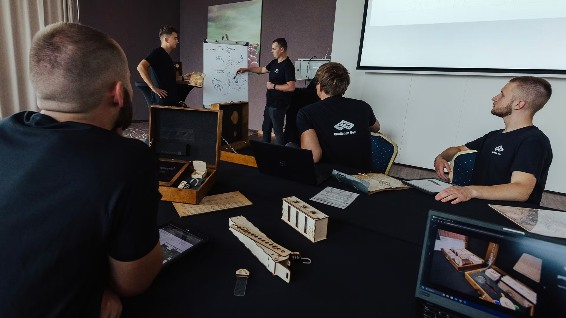 Teams spielen die Challengebox während eines Seminars im Konferenzraum